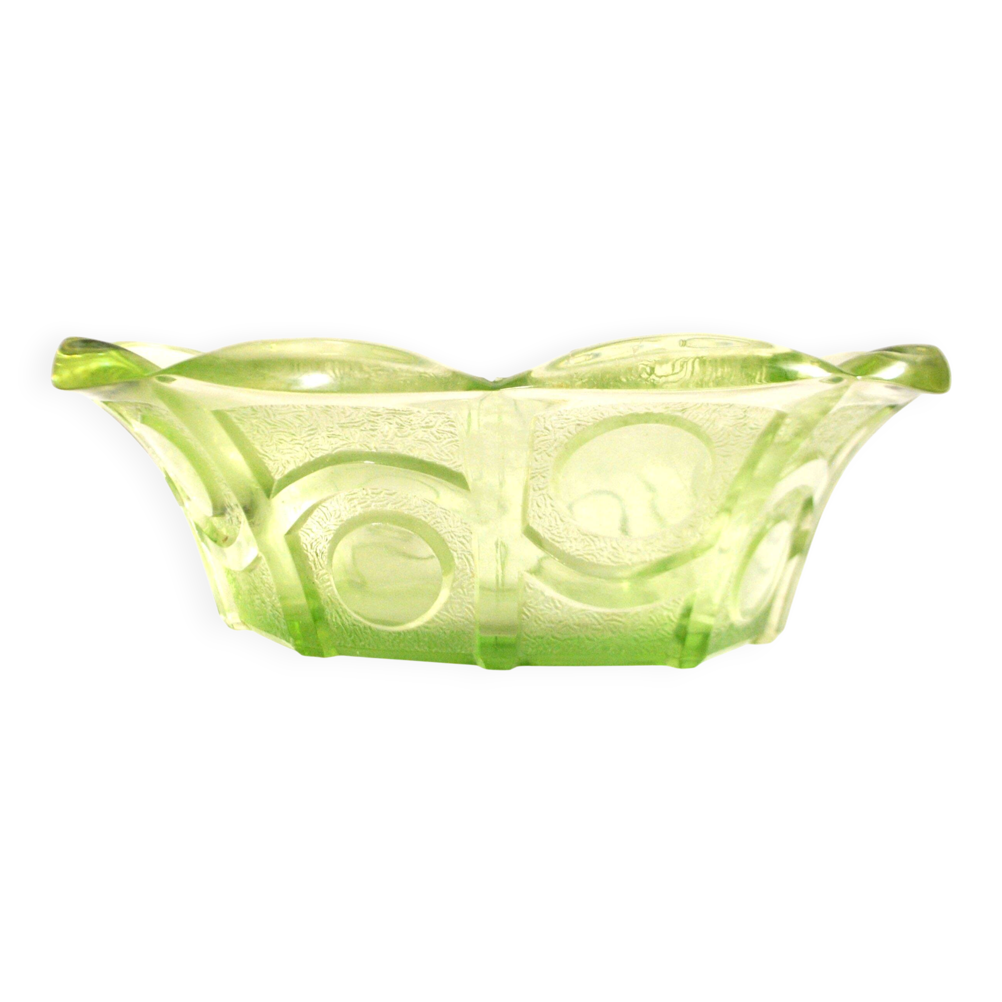 Art Deco oval bowl in green glass – geometric moulded decoration 1920-1930