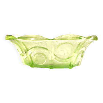 Art Deco oval bowl in green glass – geometric moulded decoration 1920-1930