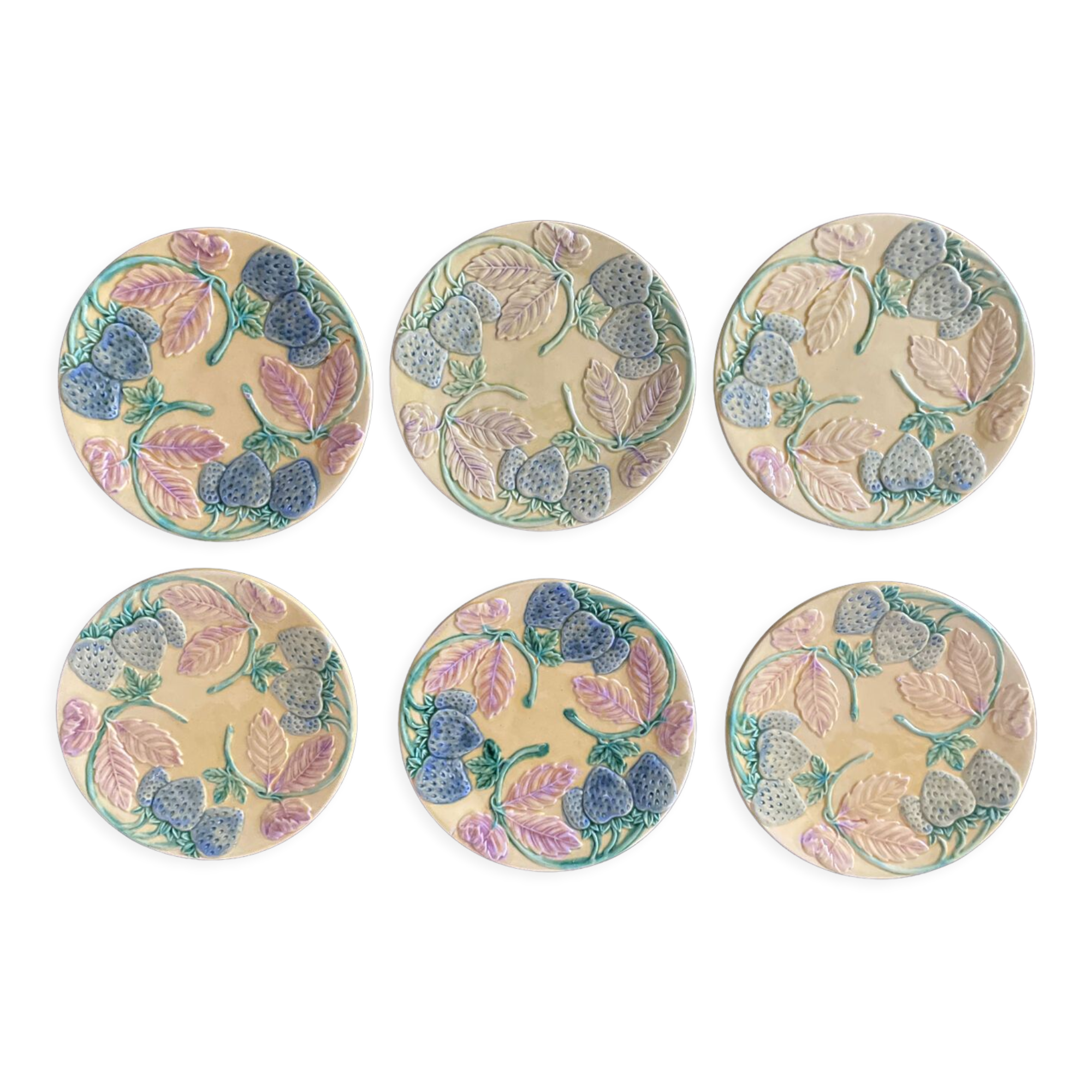 Set de 6 assiettes en barbotine vers 1930