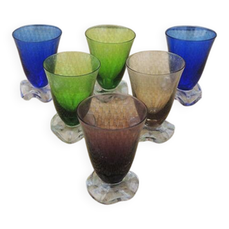 6 old coloured glass liqueur glasses