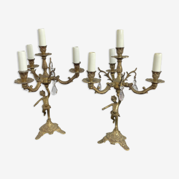 Paire de girandoles, candélabres, bronze, putti, cristal, 4 feux, pampilles, fin XIXème