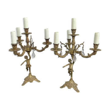 Pair of girandoles, candelabra, bronze, putti, crystal, 4 fires, grapevines, late nineteenth