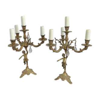 Pair of girandoles, candelabra, bronze, putti, crystal, 4 fires, grapevines, late nineteenth