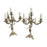 Pair of girandoles, candelabra, bronze, putti, crystal, 4 fires, grapevines, late nineteenth