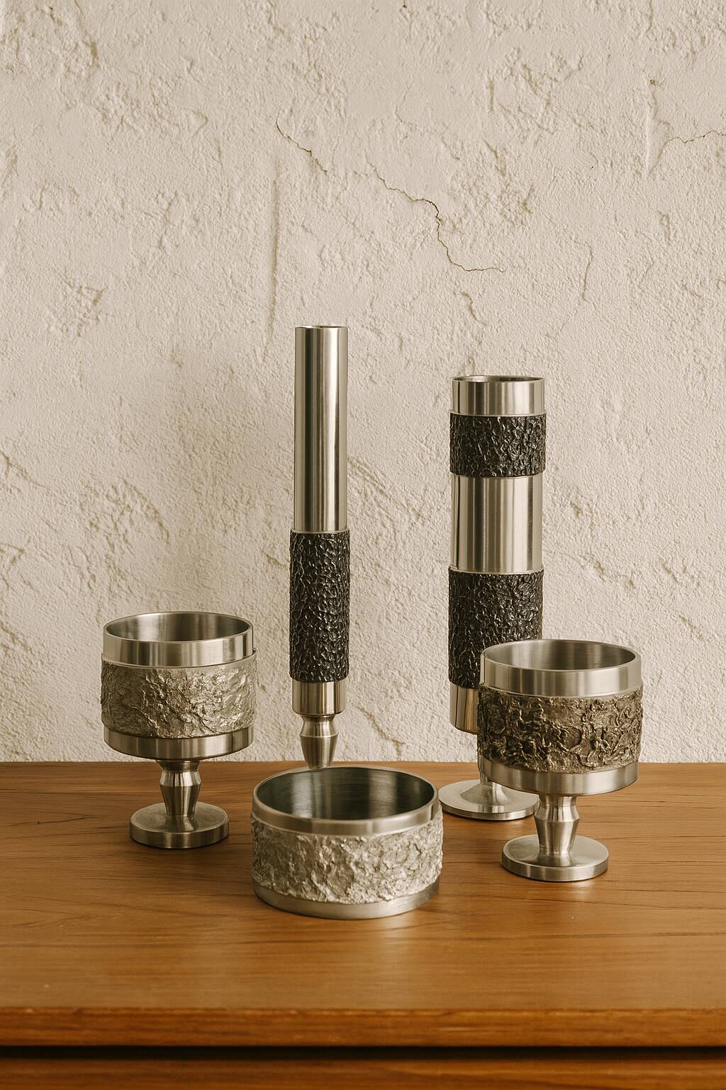Set of 5 brutalist steel vases and bowls 1970