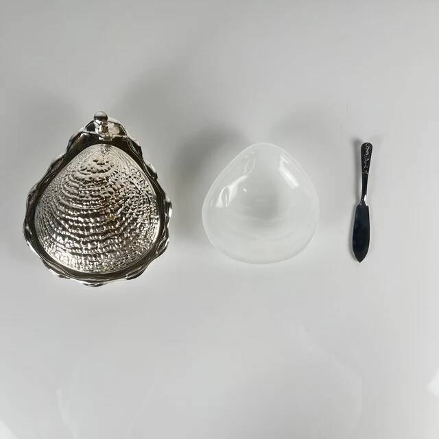 Vintage metal butter dish "Oyster" with glass insert, 1970.