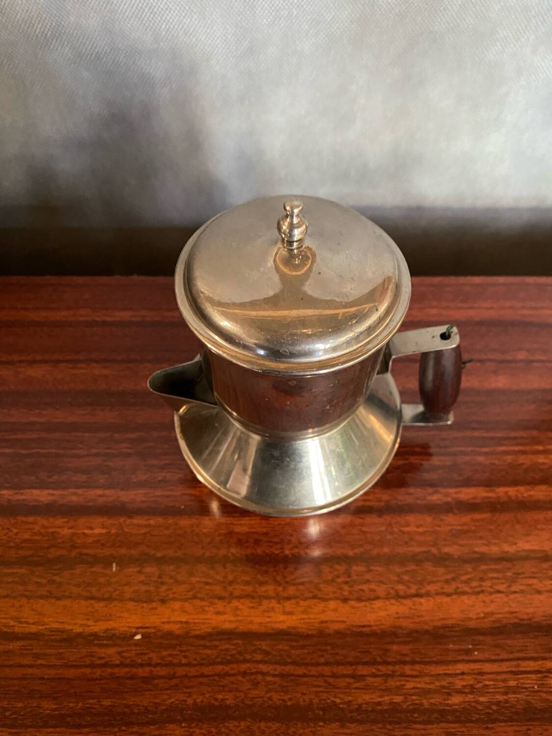 Antique TASSUNIC Teapot Silver Metal + Wooden Handle United France Vintage