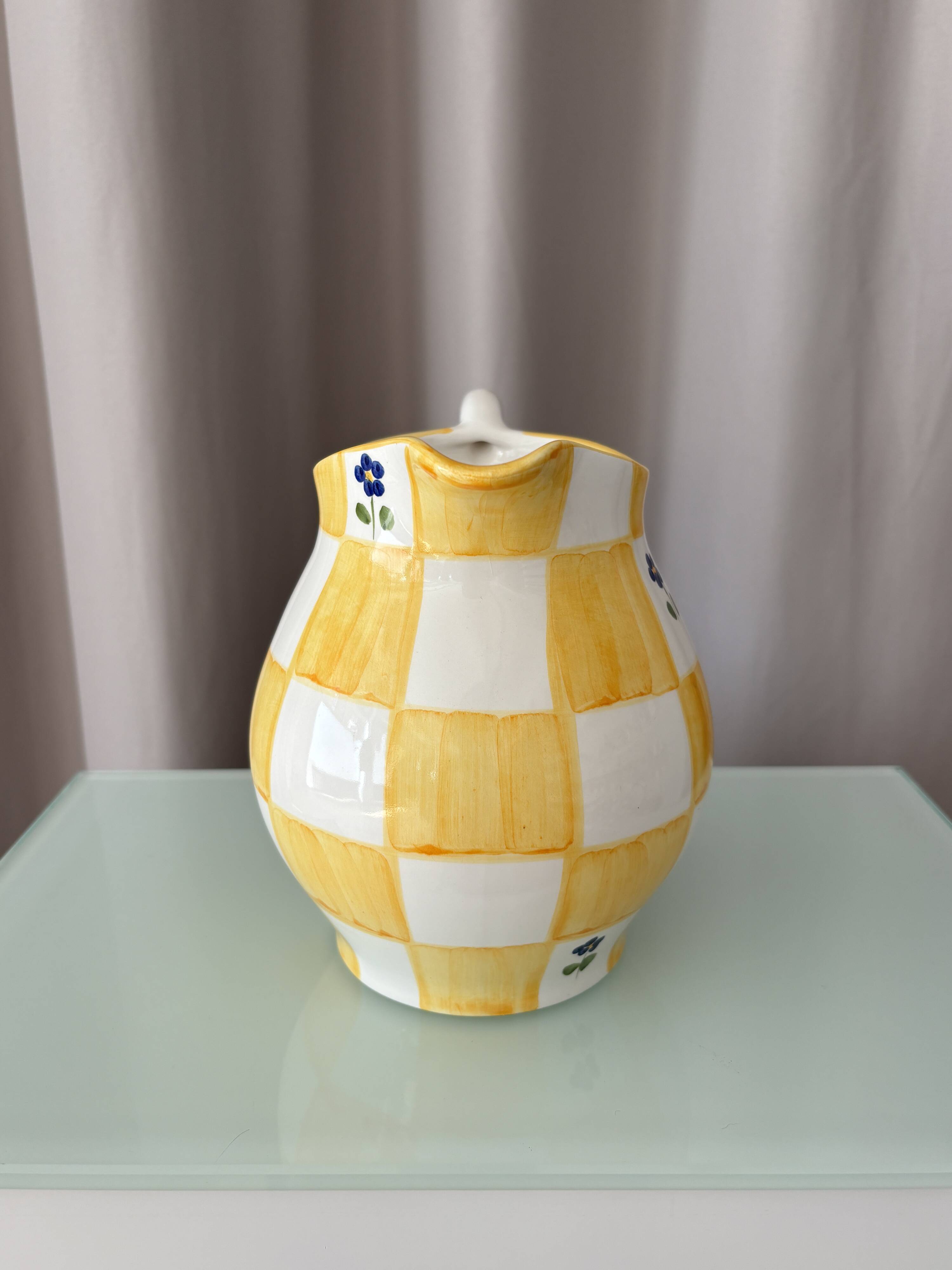 Cottagecore hand-painted ceramic jug – yellow check & blue flowers
