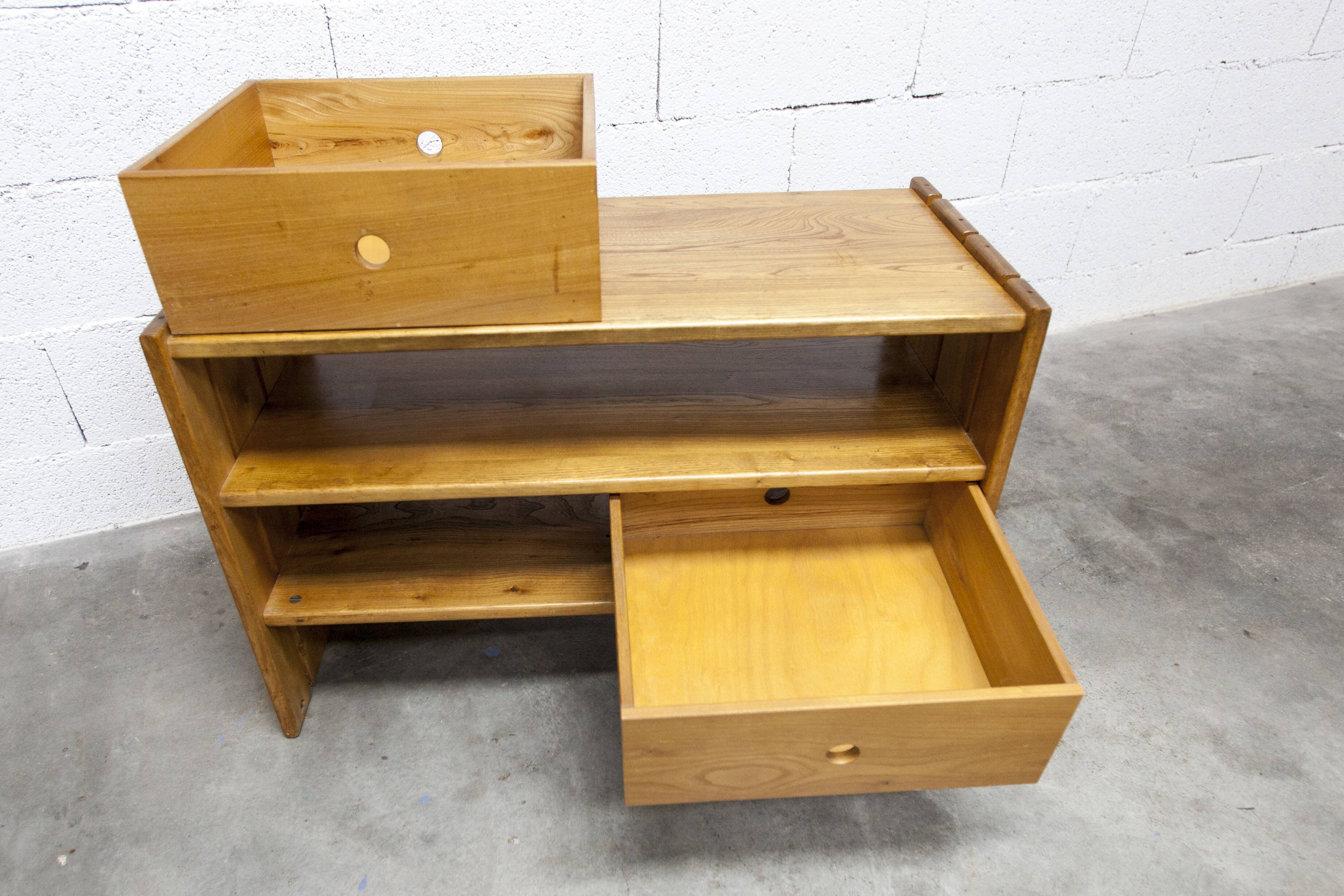Low cabinet from Maison Regain, solid elm, circa 1960, with drawer