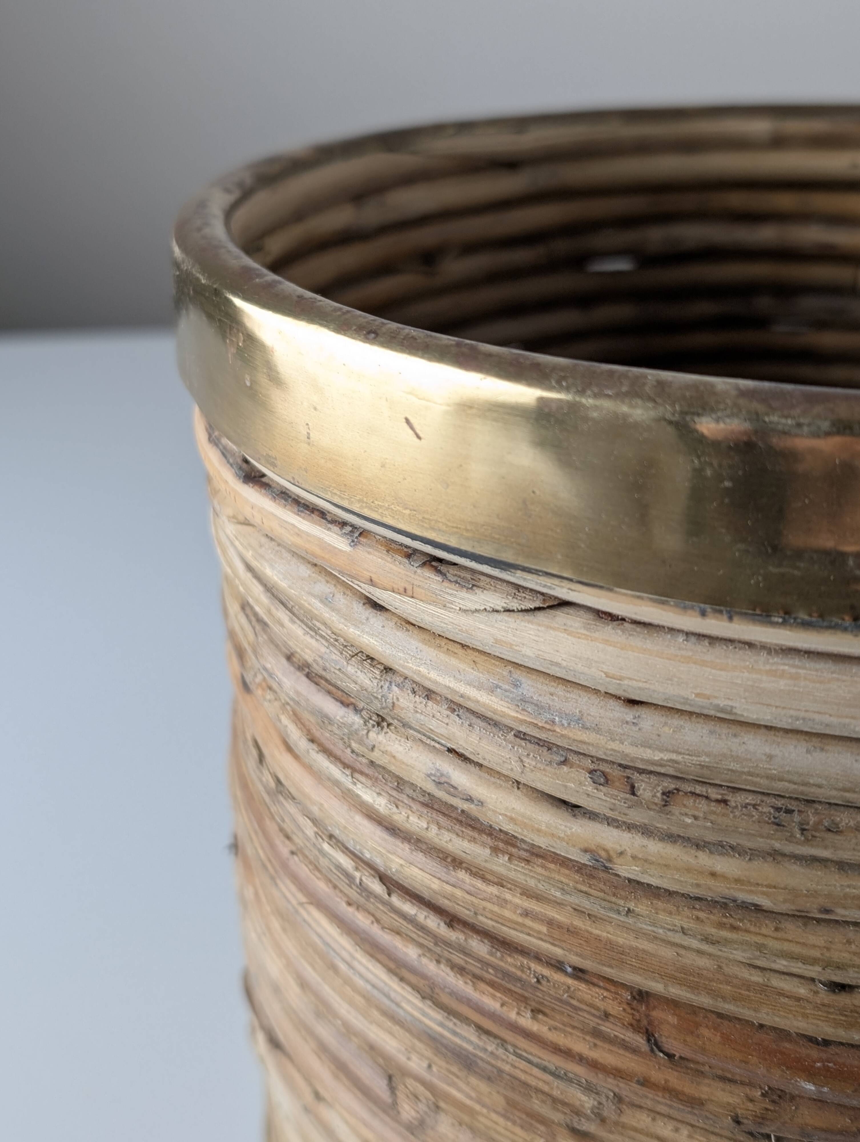 Italian Mid-Century Pencil Reed Rattan and Brass Planter, 1970s