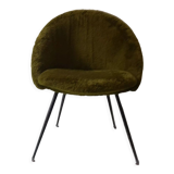 Vintage cocktail armchair in khaki moumoute, design 1970