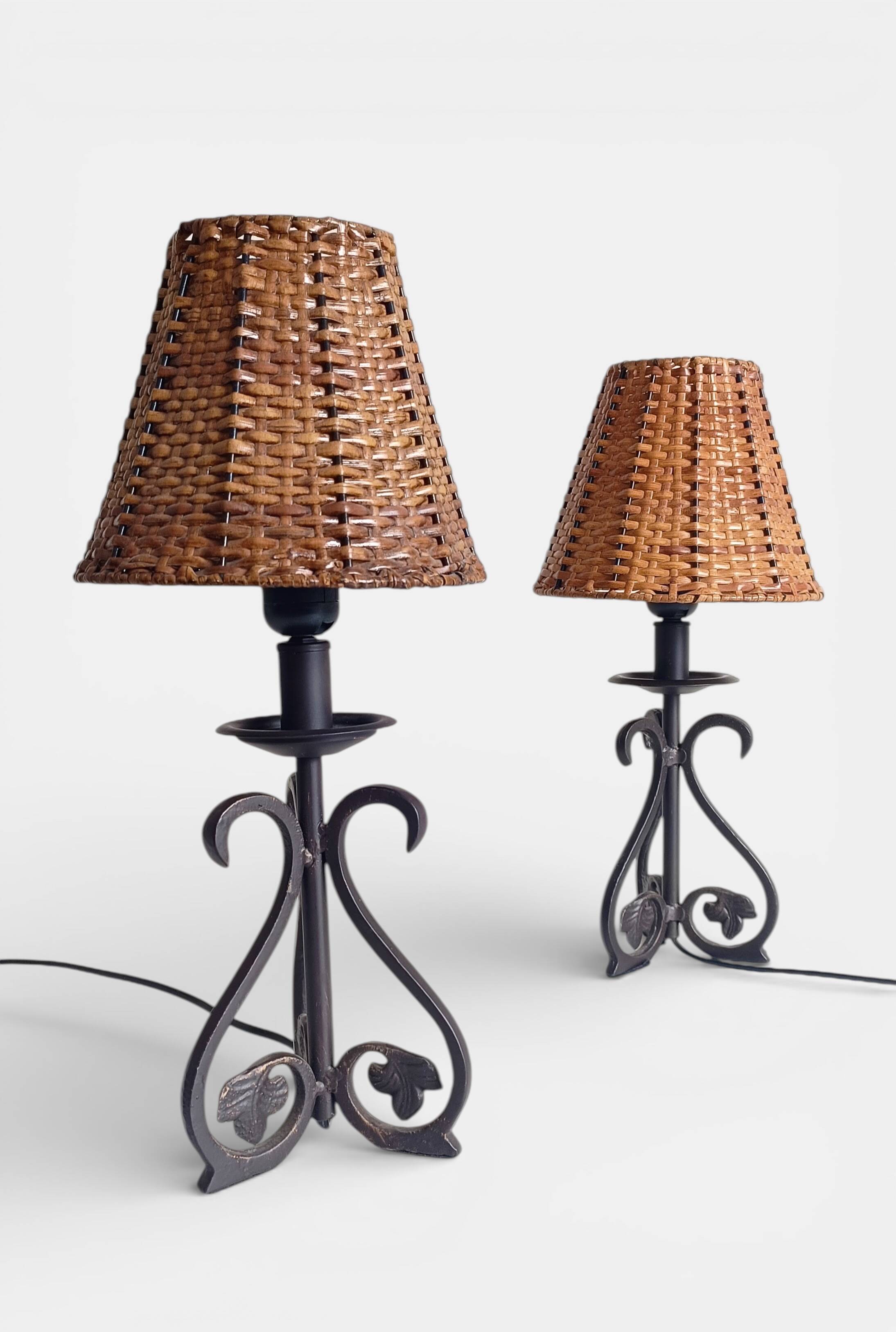 Spanish Hand Forged Wrought Iron Table Lamps with Hand Woven Wicker Shades