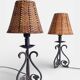 Spanish Hand Forged Wrought Iron Table Lamps with Hand Woven Wicker Shades