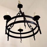 Lustre rustique français vintage forgé à la main en fer forgé noir à 3 lumières 4484