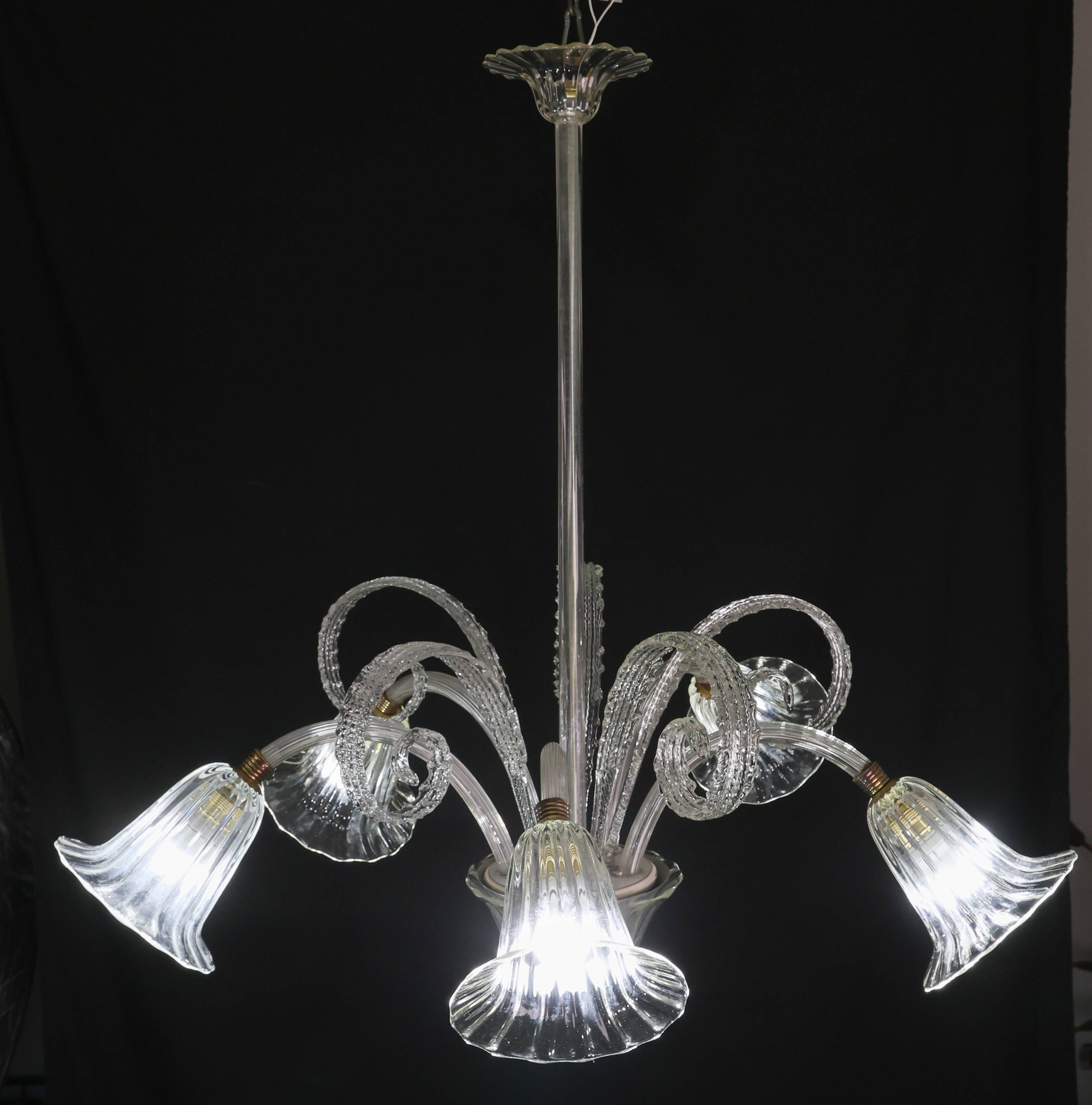 Amazing Art Decò Murano Glass Chandelier 5 Light, 1950