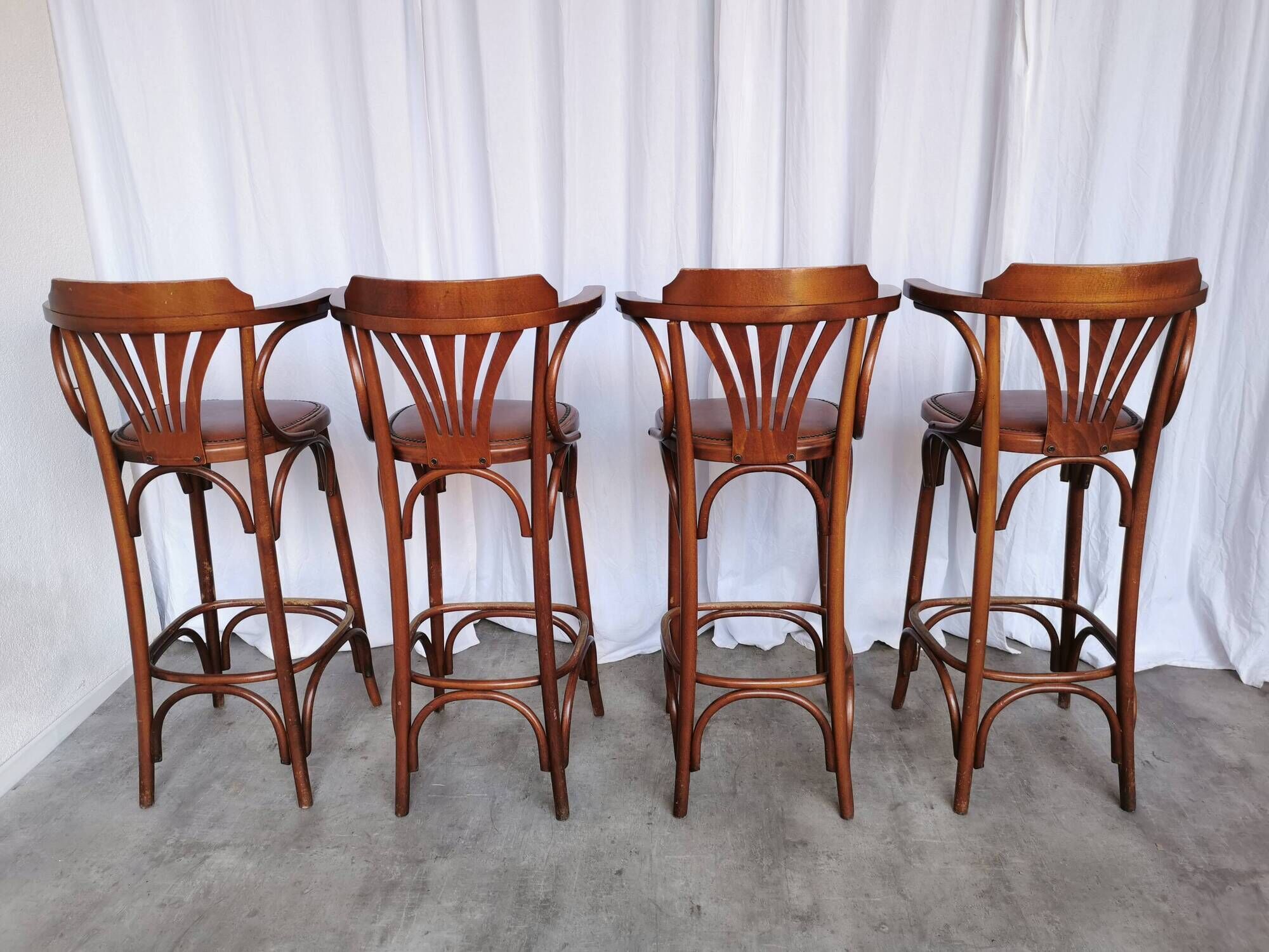 Set of 4 Vintage Bentwood Bar Stools, Brown Leather Seat, Nailhead Trim