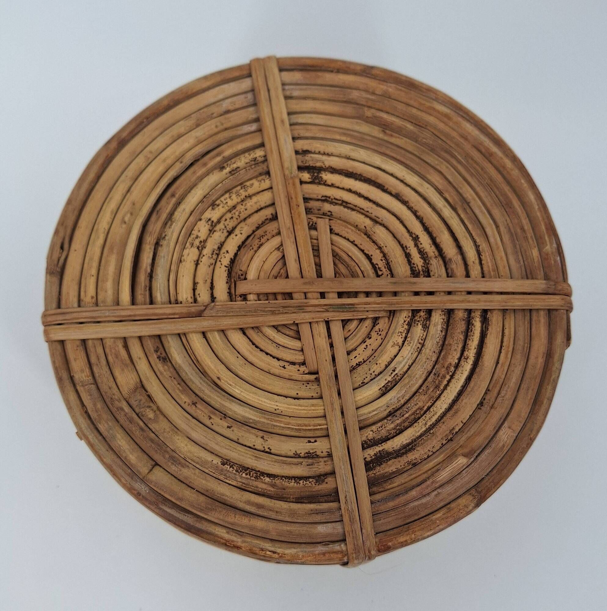 Cache-pot en rotin cerclé de laiton vers 1960 DLG Gabriella Crespi