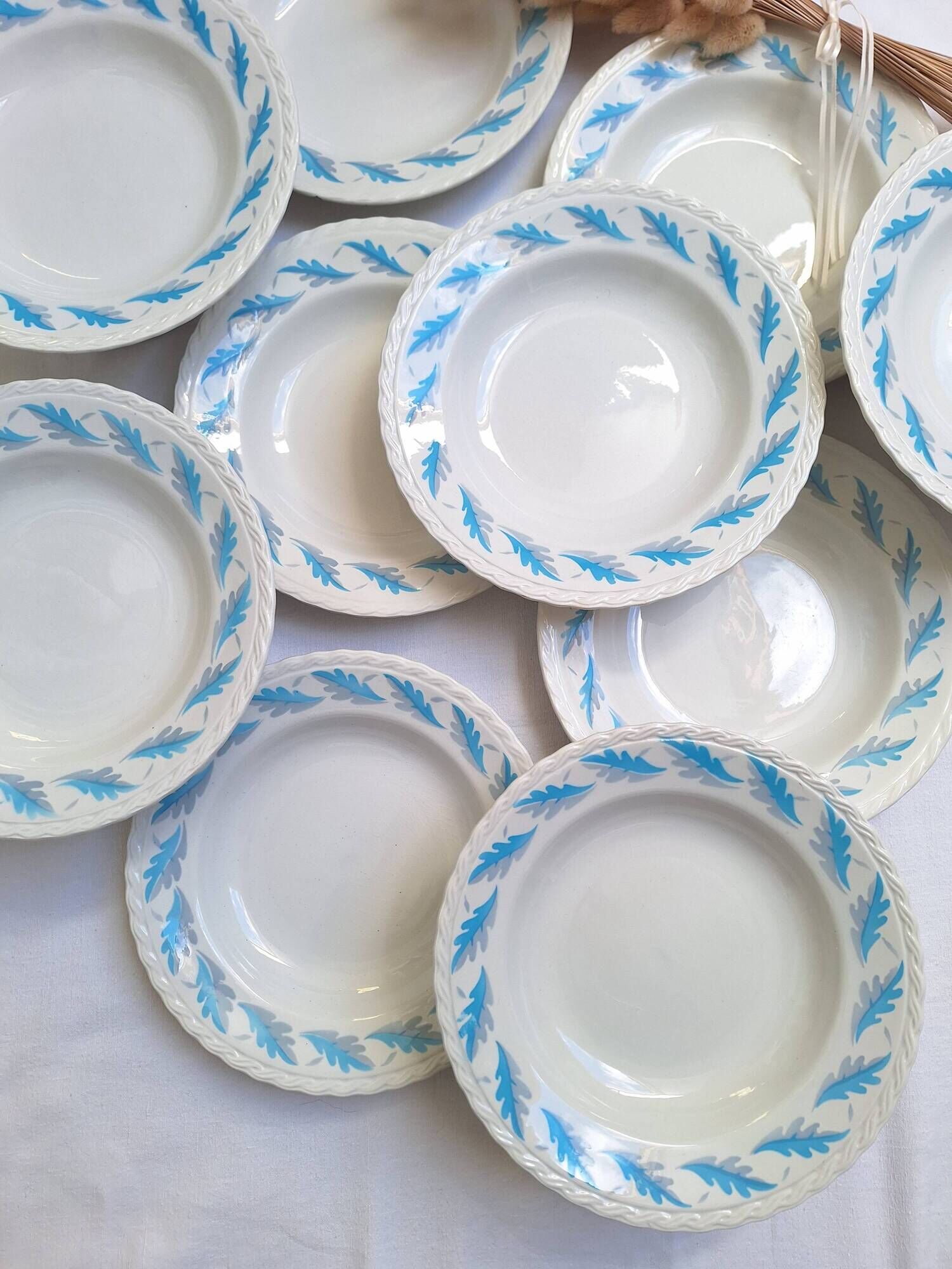Deep plates in the Amandinoise style, blue oak leaves.