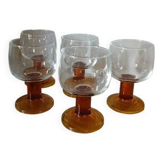 5 vintage amber stemmed glasses