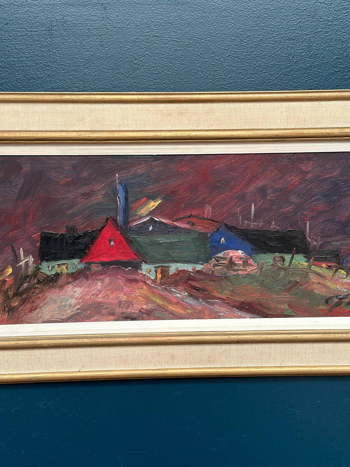 Original Swedish Oil on Panel – “Huts” – Vintage & Framed – 77 × 41 cm