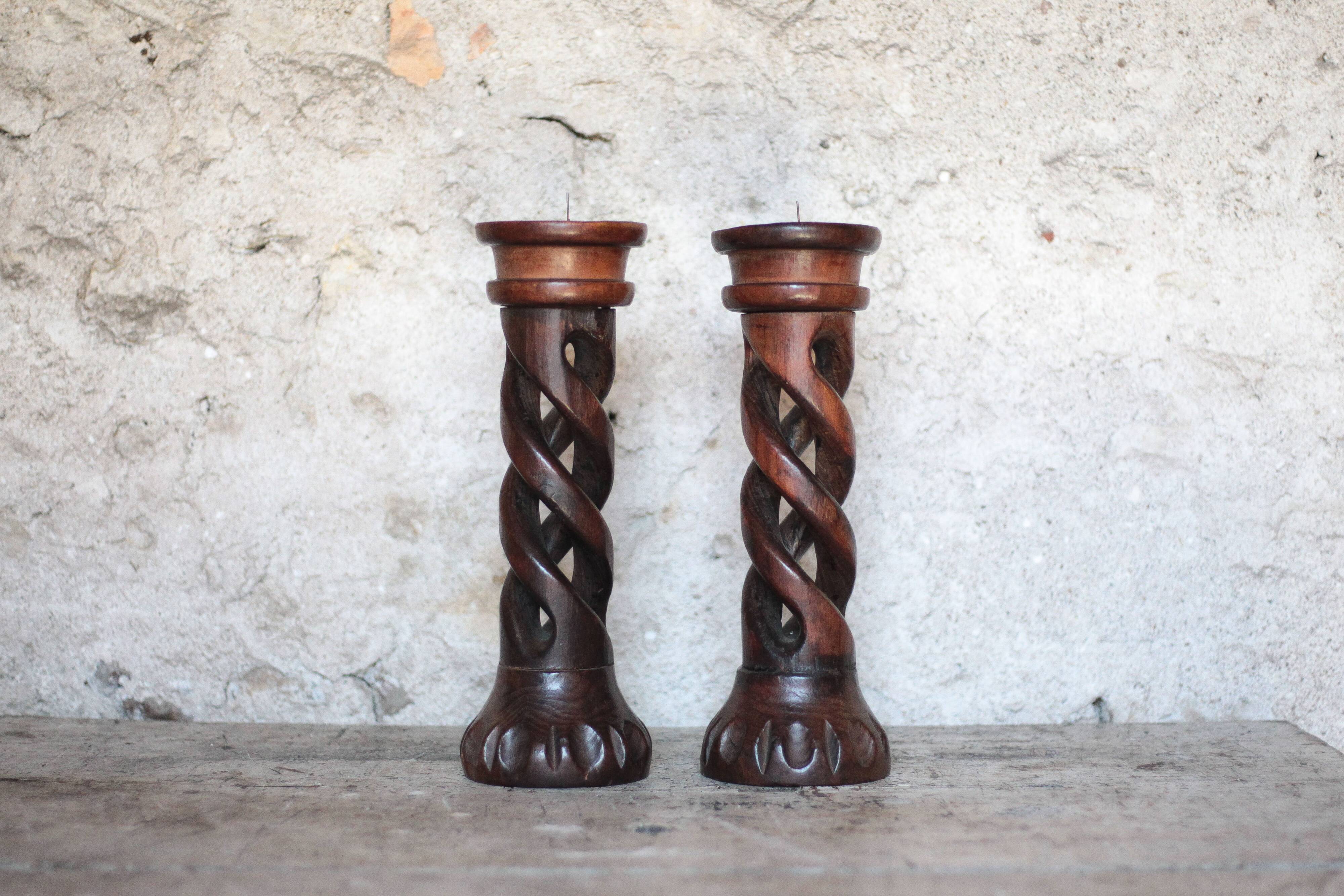 Pair of brutalist wooden candle holders, vintage wooden candle holder, decor