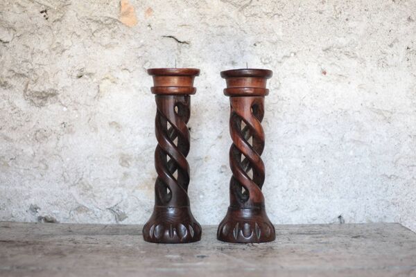 Paire de bougeoirs bois brutaliste, porte-bougie bois vintage, déco