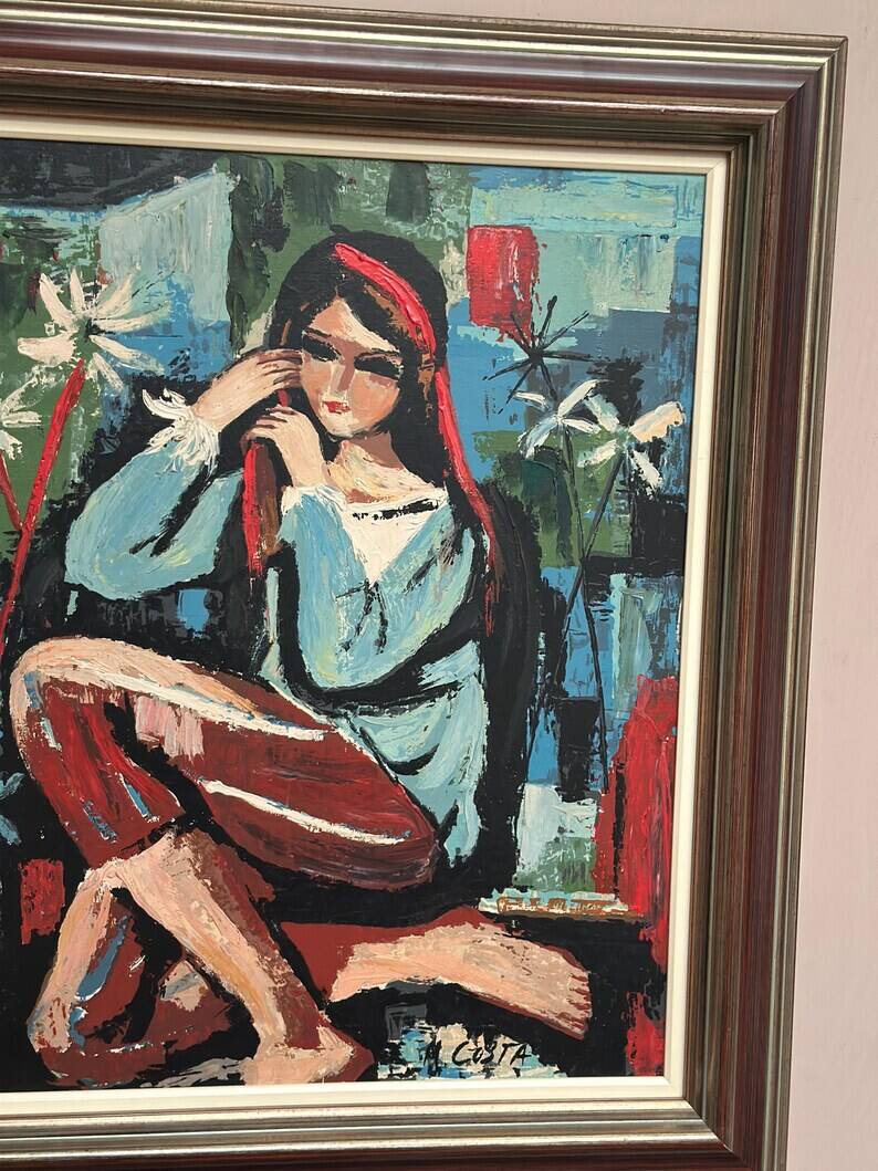 Original Swedish Oil on Canvas - "Portrait of a Young Woman" by M. Costa - Signed - Vintage and Framed - 82.5 × 67.3 cm