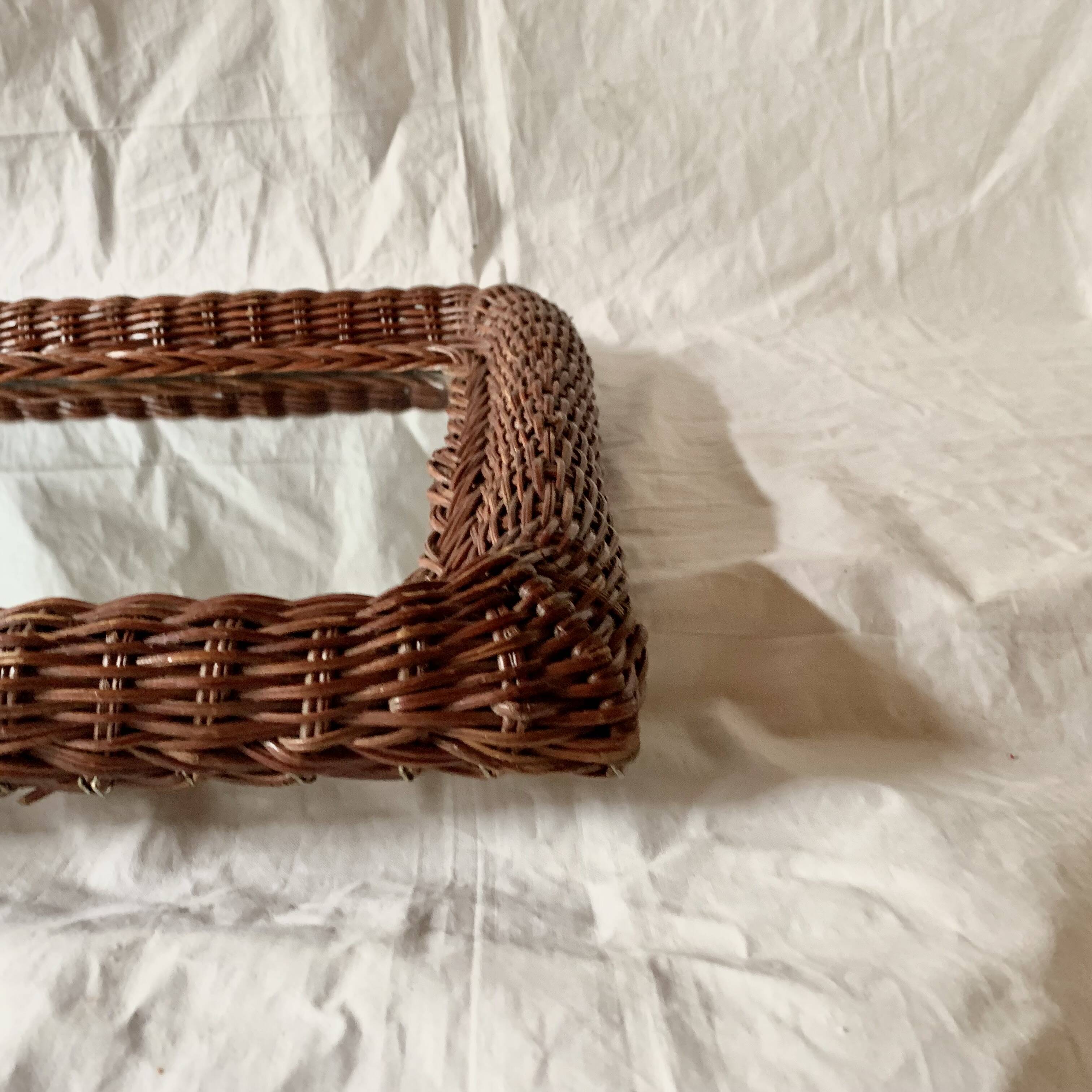 Vintage rectangular woven rattan wall mirror