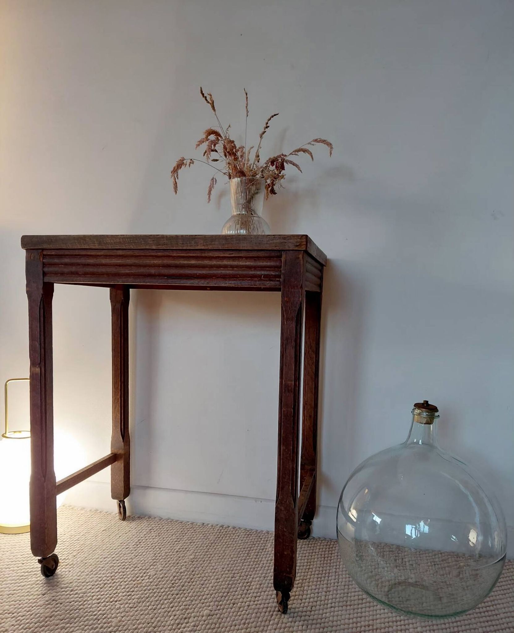 Vintage wooden wheeled side table/console