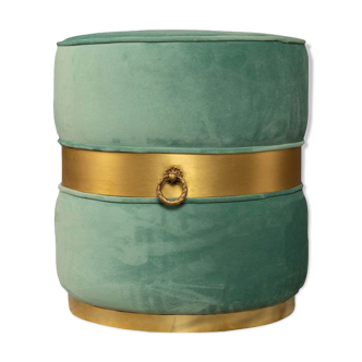 Saskia upholstered round turquoise velvet pouf with brass inlay