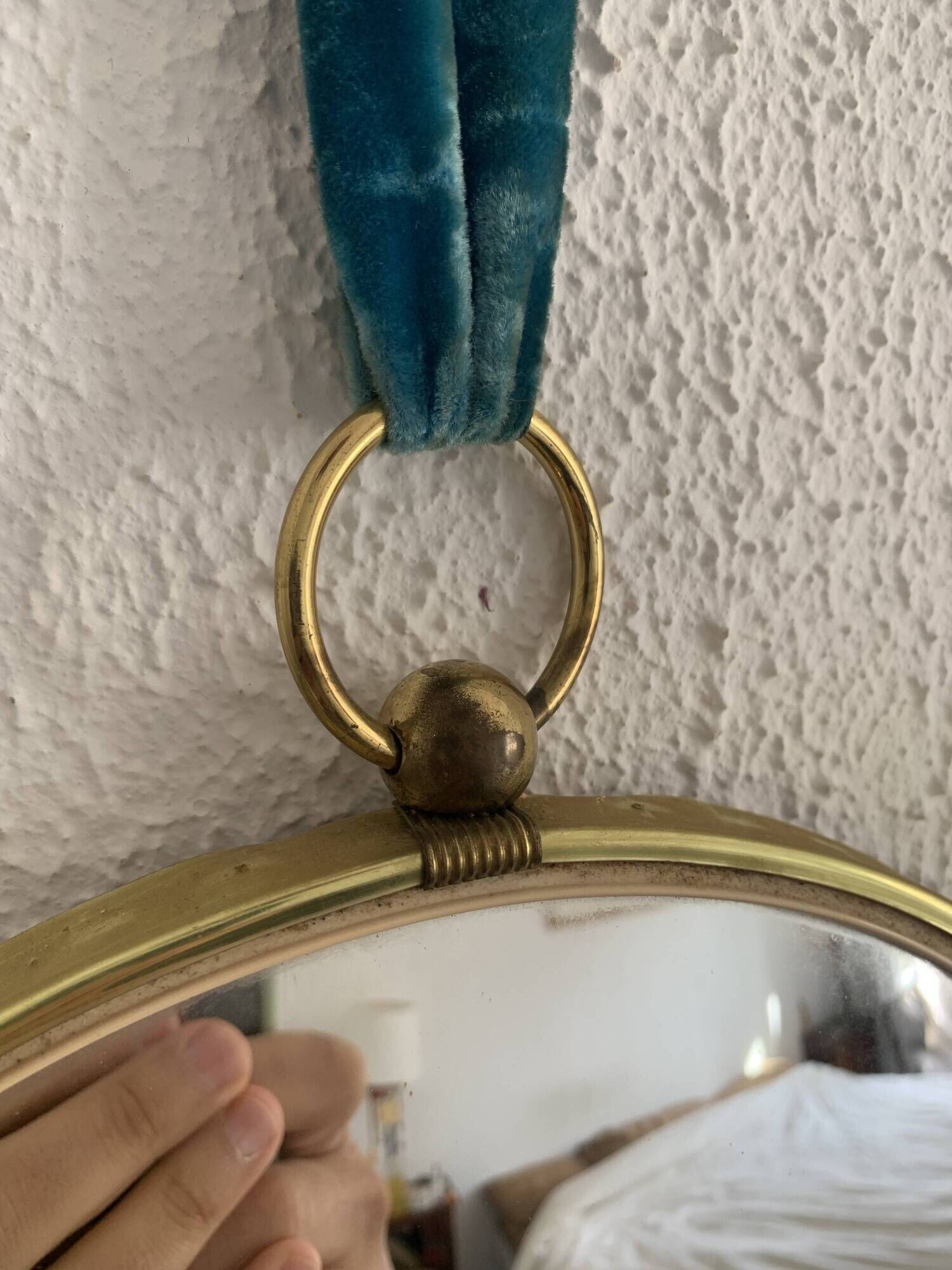 Vintage 1960 witch's eye mirror turquoise velvet sun - 24 x 54 cm