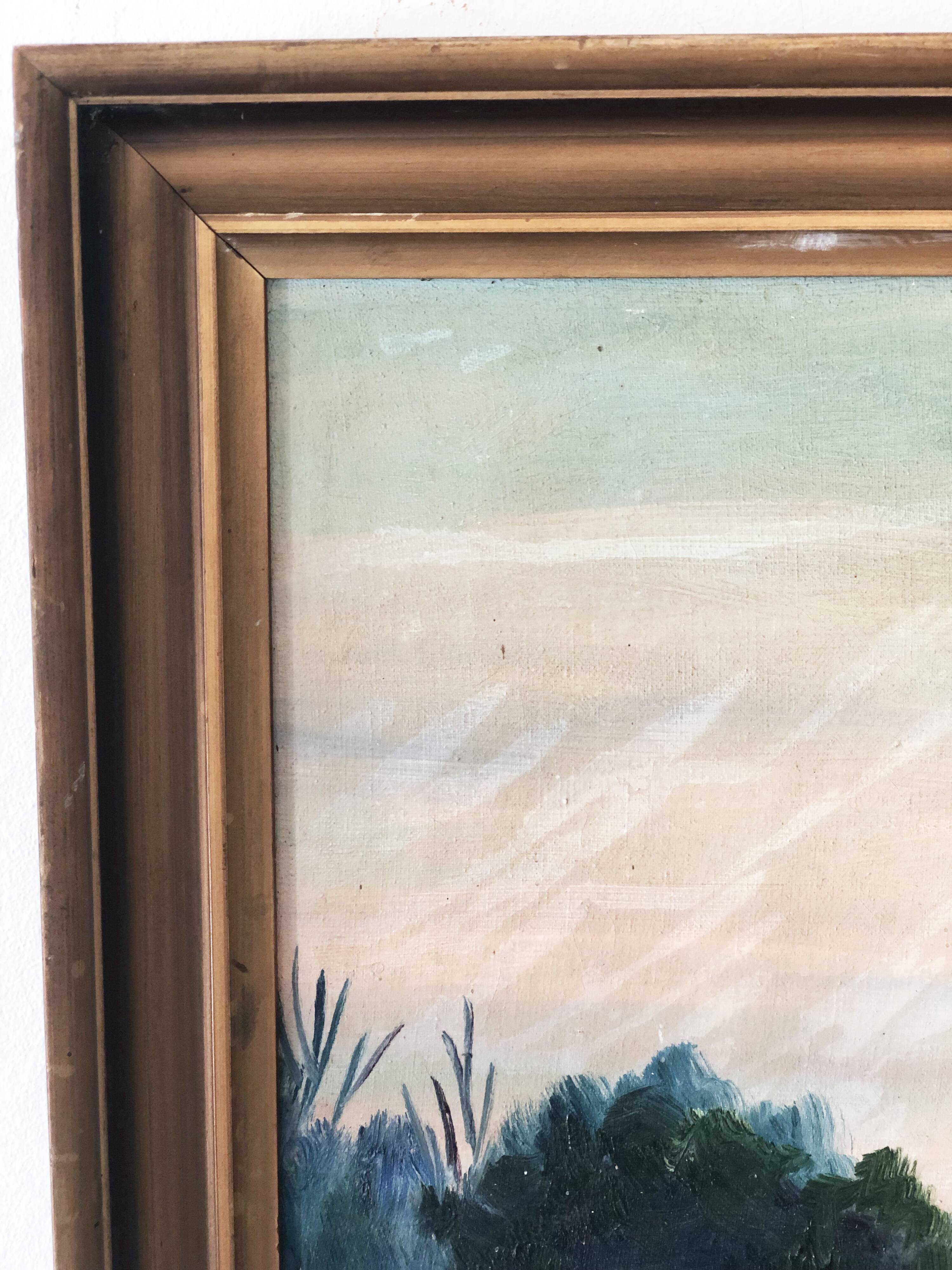 Large Original Vintage River Landscape Oil Painting, circa 1960