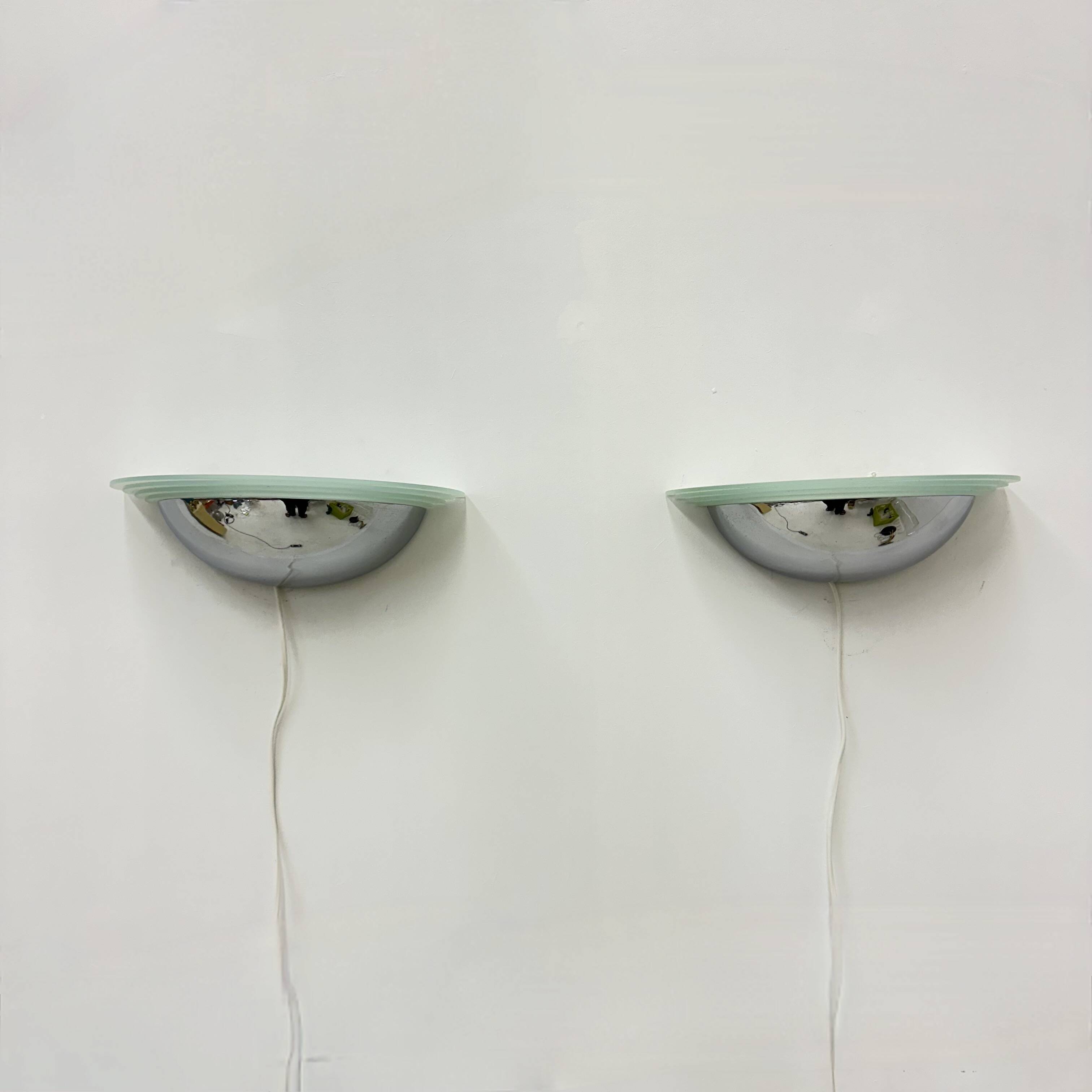 Pair of post modern wall lamps chrome and glass , 1980s