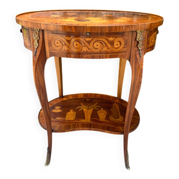 Side table in precious wood marquetry in the Louis XV style, stamped.