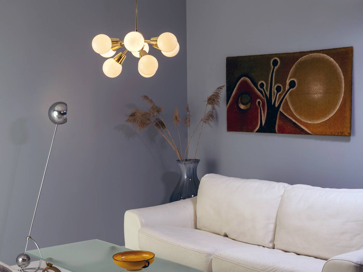 Paysage avec soleil et lune, peinture sur textile, années 1970