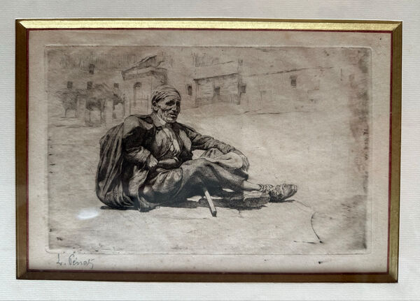 Gravure ancienne Lucien Pénat (Prix de Rome) et son grand cadre doré