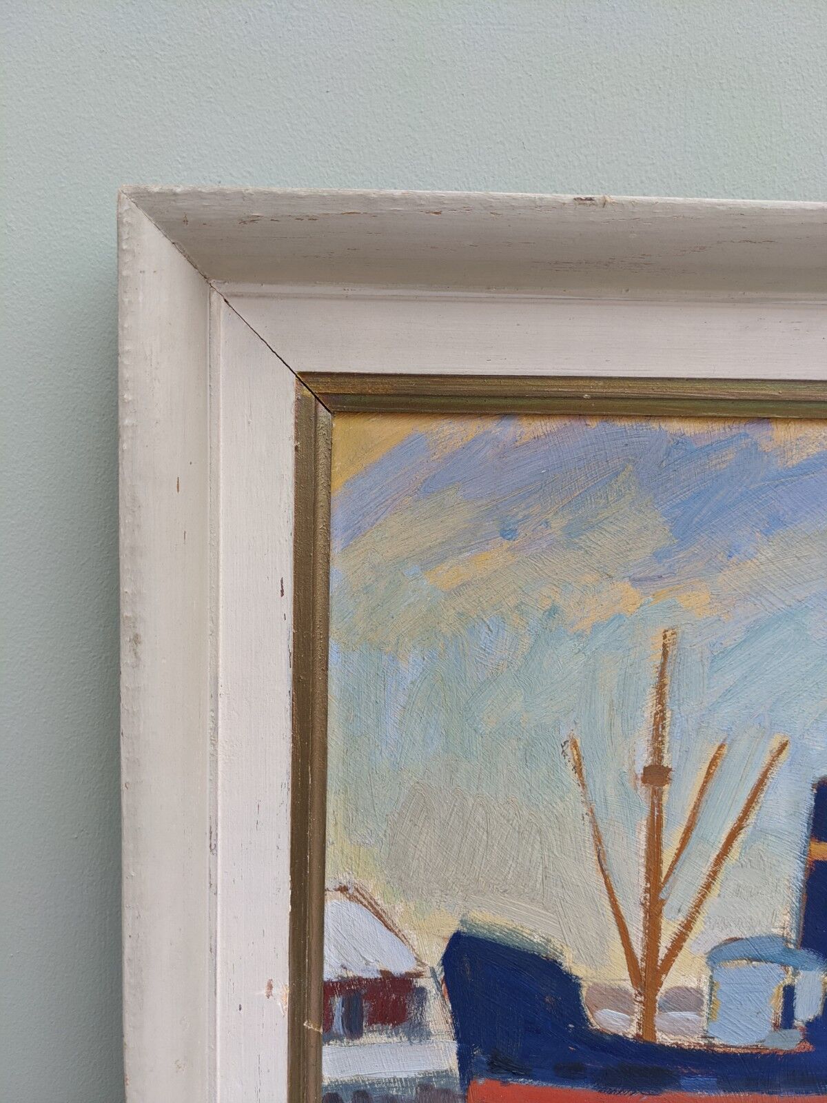 Mid Century Swedish Harbour Boat Oil Painting - 'Sunset Harbour'