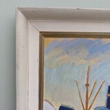 Mid Century Swedish Harbour Boat Oil Painting - 'Sunset Harbour'