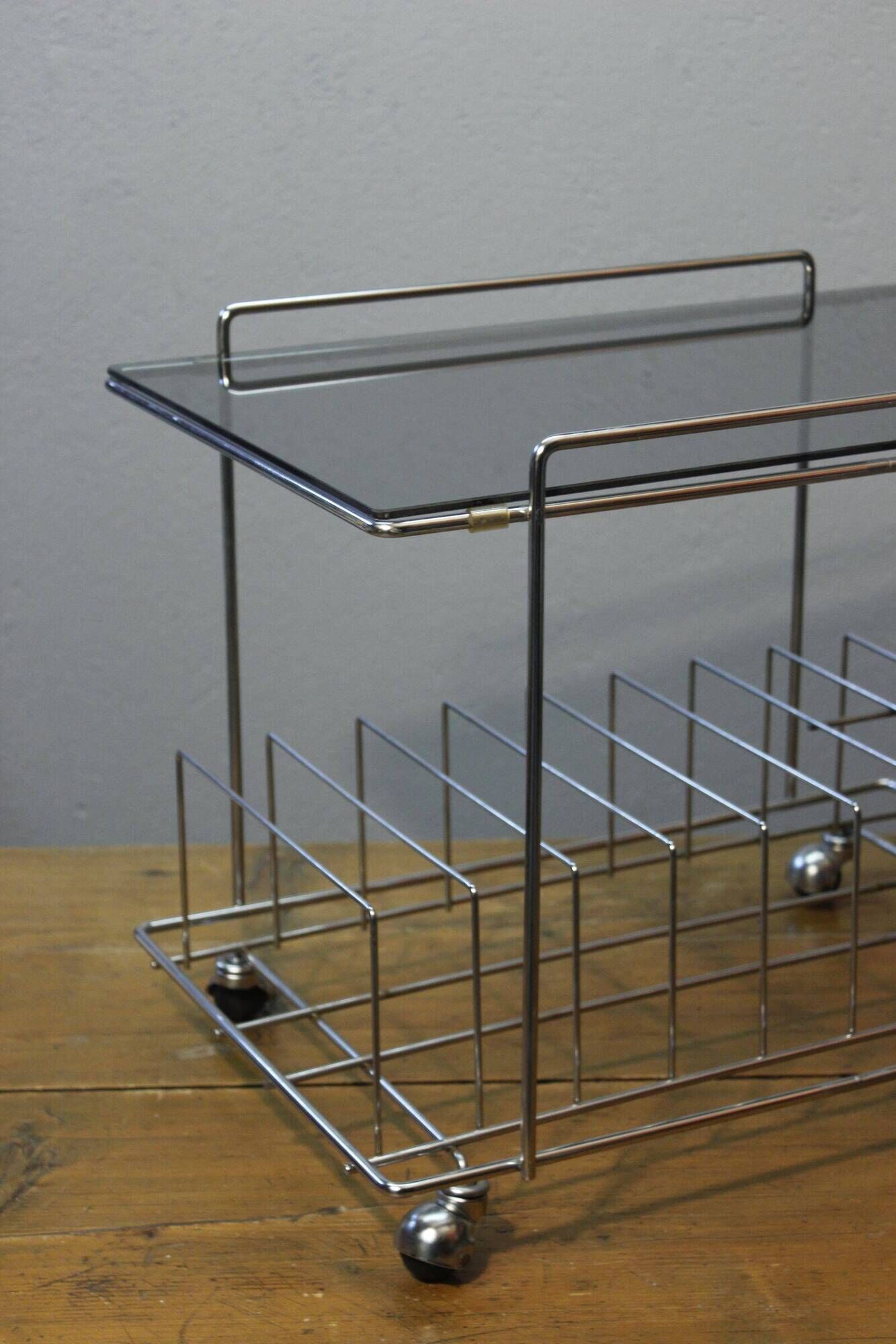 Rolling furniture serving for HIFI vinyl storage chrome & smoked glass 1970s