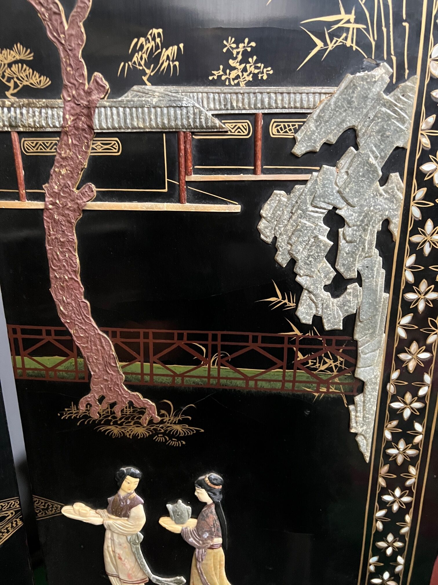 Antique Chinese bedroom screen, inlay of soapstone, jade, ivory, mother-of-pearl