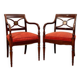Maurice Hirch, Pair Of Stamped Mahogany Armchairs, 20th Century