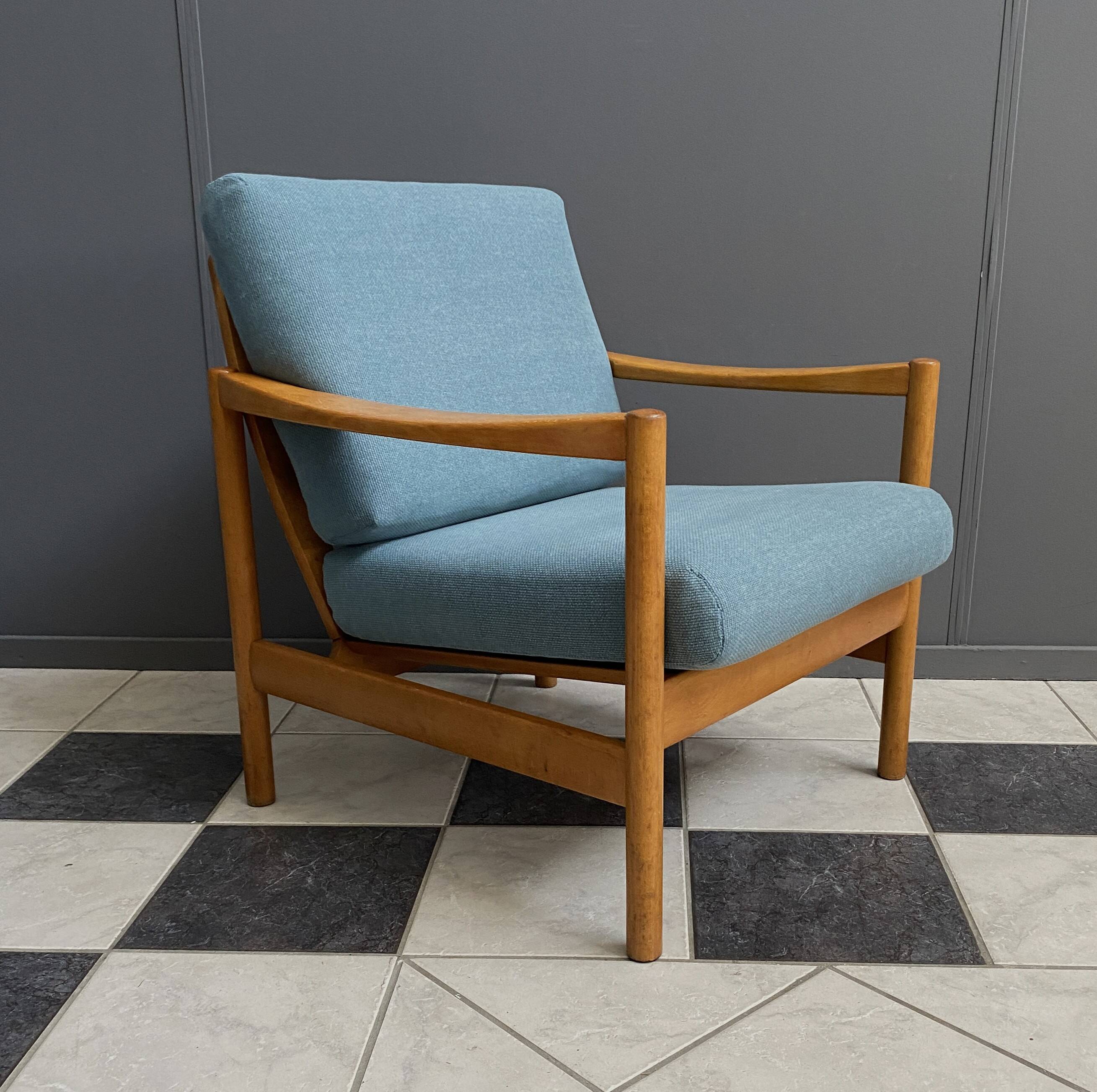 Wood arm chair reupholstered in blue fabric 1960s