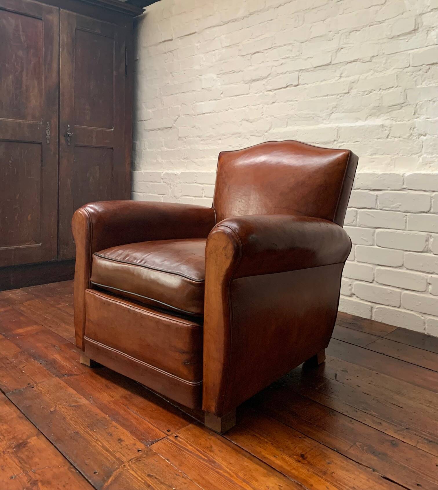 Antique French Leather Club Chair, Moustache Model, Circa 1930’s