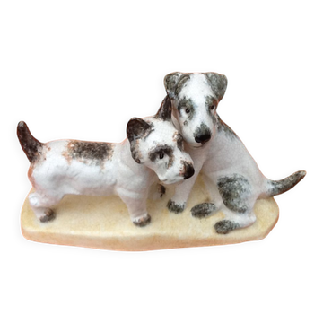 Zoomorphic sculpture cracked ceramic fox terrier dogs