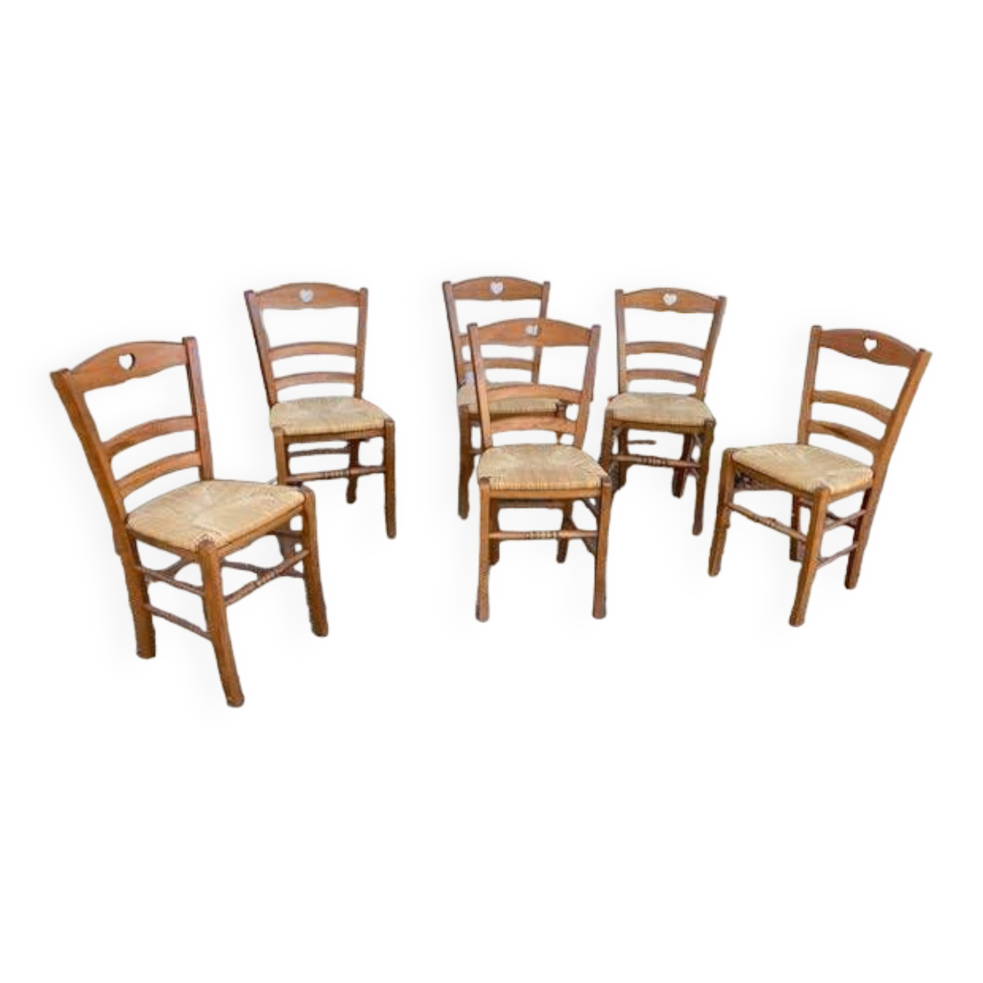 Set of 6 wooden and straw chairs
