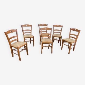 Lot de 6 chaises en bois et paille