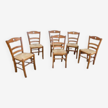 Set of 6 wooden and straw chairs