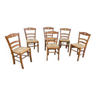 Lot de 6 chaises en bois et paille