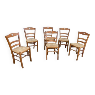 Set of 6 wooden and straw chairs