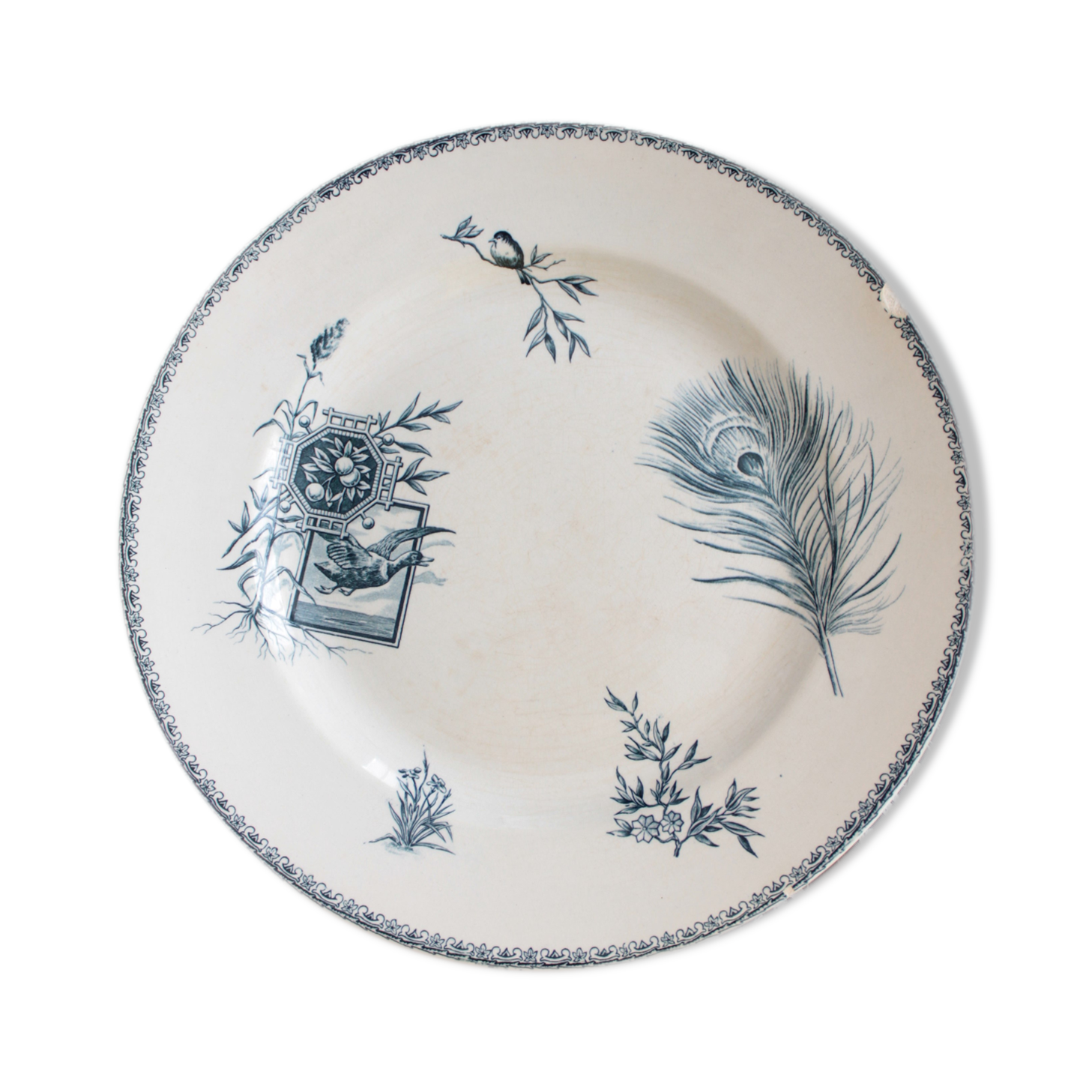 Old dish of opaque porcelain on ground transfer service